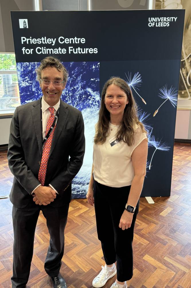Piers Forster with Caroline Linford at the Priestley Centre for Climate Futures event